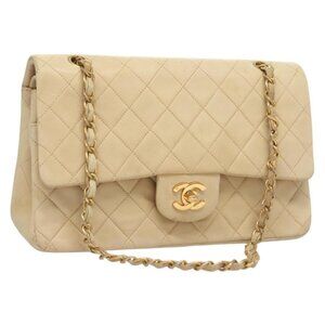CHANEL Matelasse 25 Double Flap Chain Bag Lamb Skin Beige Gold CC Auth